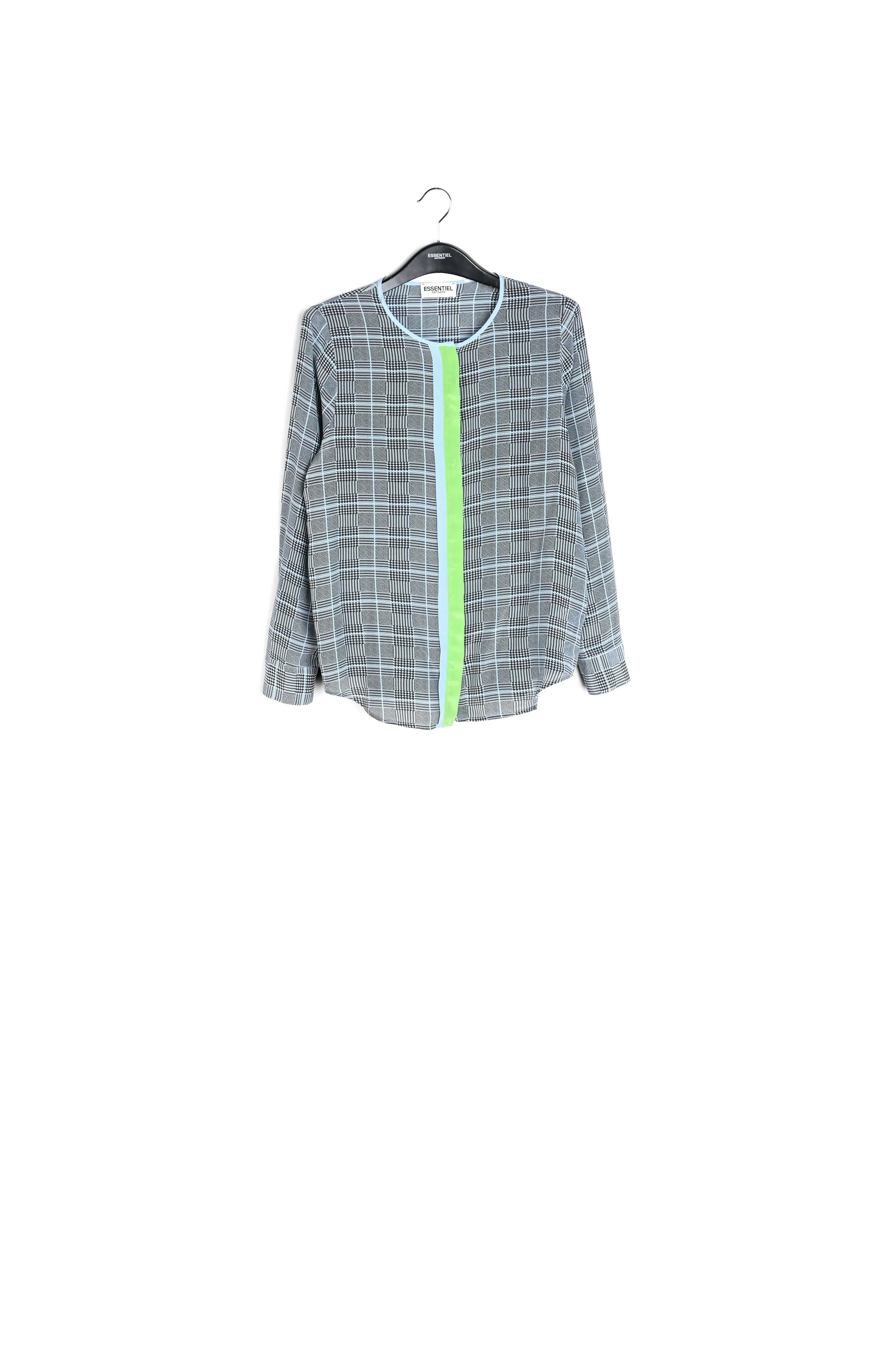 Large check blue print blouse with contrasting stripe