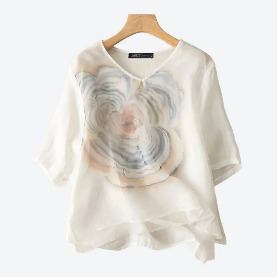 Layered Abstract Print Chiffon Blouses
