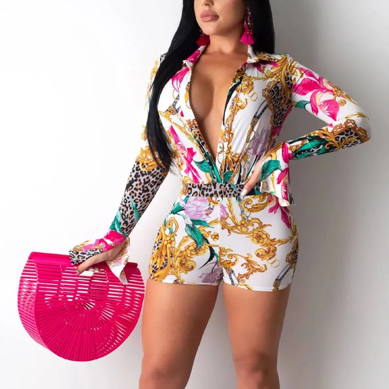 Leopard Pattern Deep V-Neck Flared Sleeve Romper