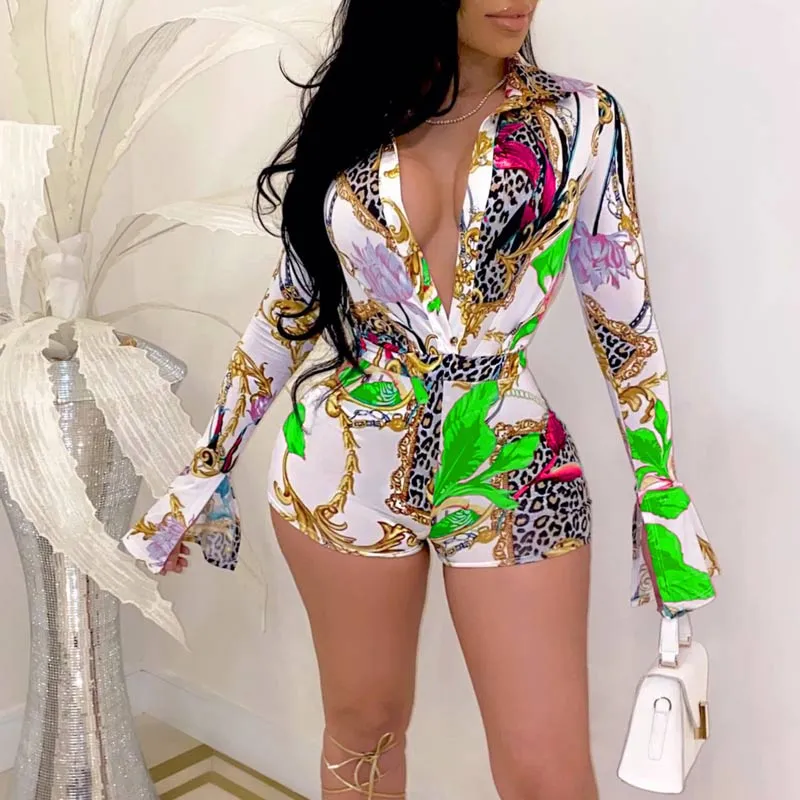 Leopard Pattern Deep V-Neck Flared Sleeve Romper