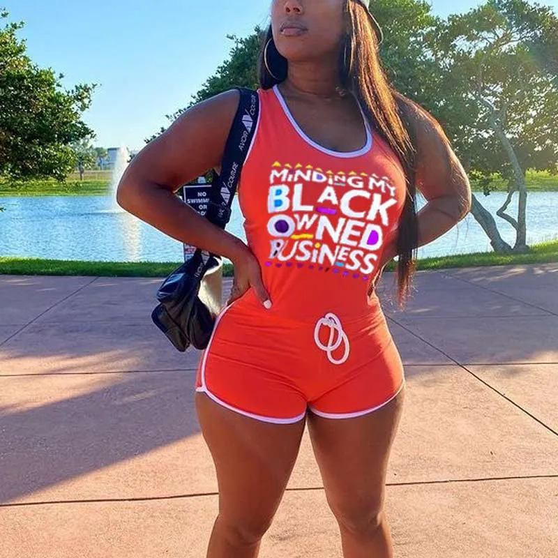 Letter Print Sleeveless Drawstring Romper