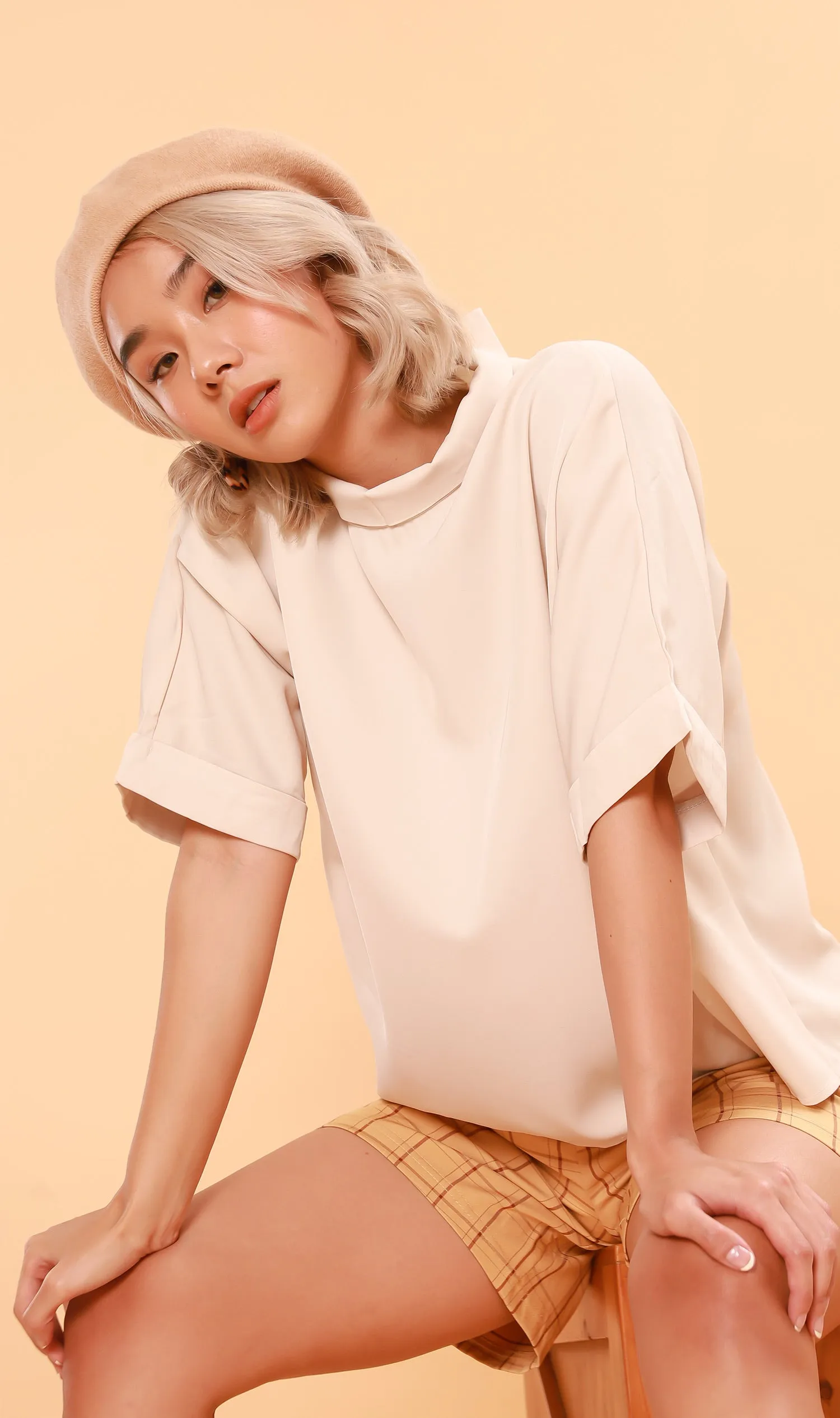 LIVIA Buttoned Mock-Neck Top (Latte)
