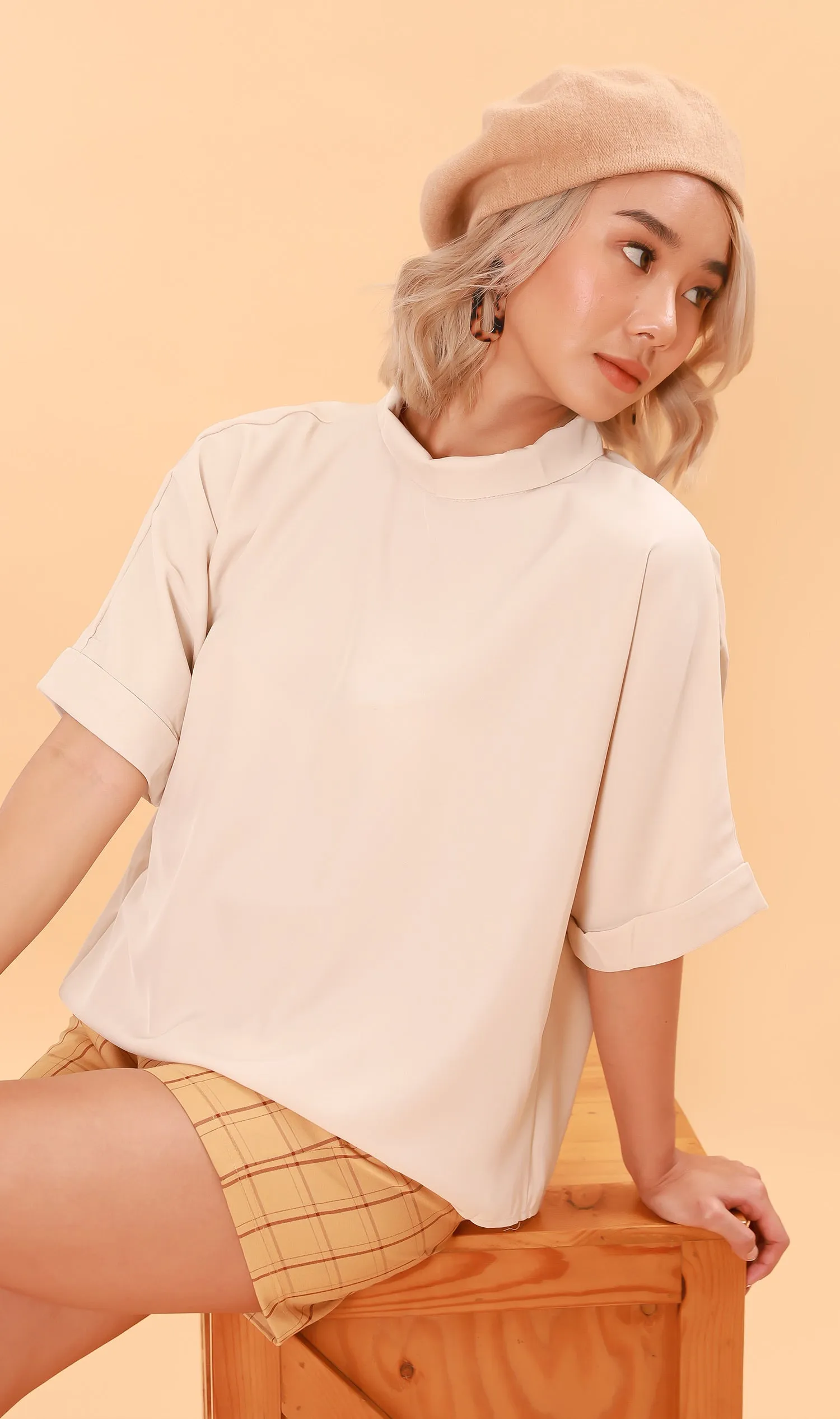 LIVIA Buttoned Mock-Neck Top (Latte)