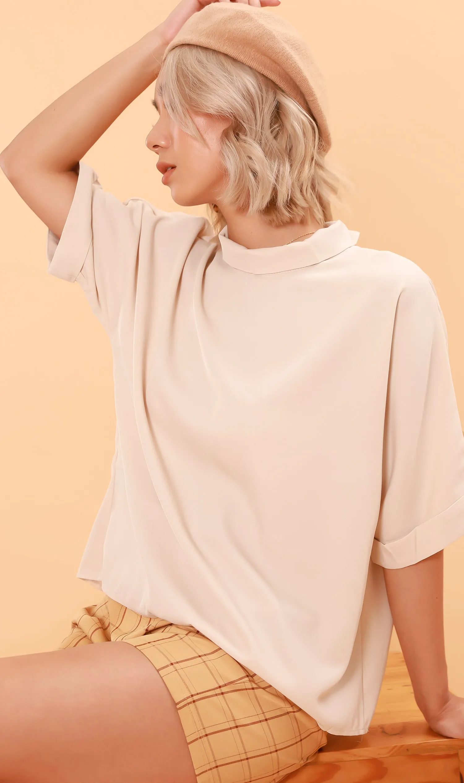 LIVIA Buttoned Mock-Neck Top (Latte)