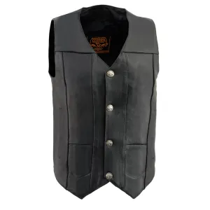 LKM3700 Men's Black Leather Classic V-Neck Motorcycle Rider Vest w/ Buffalo Nickel Snaps Closure