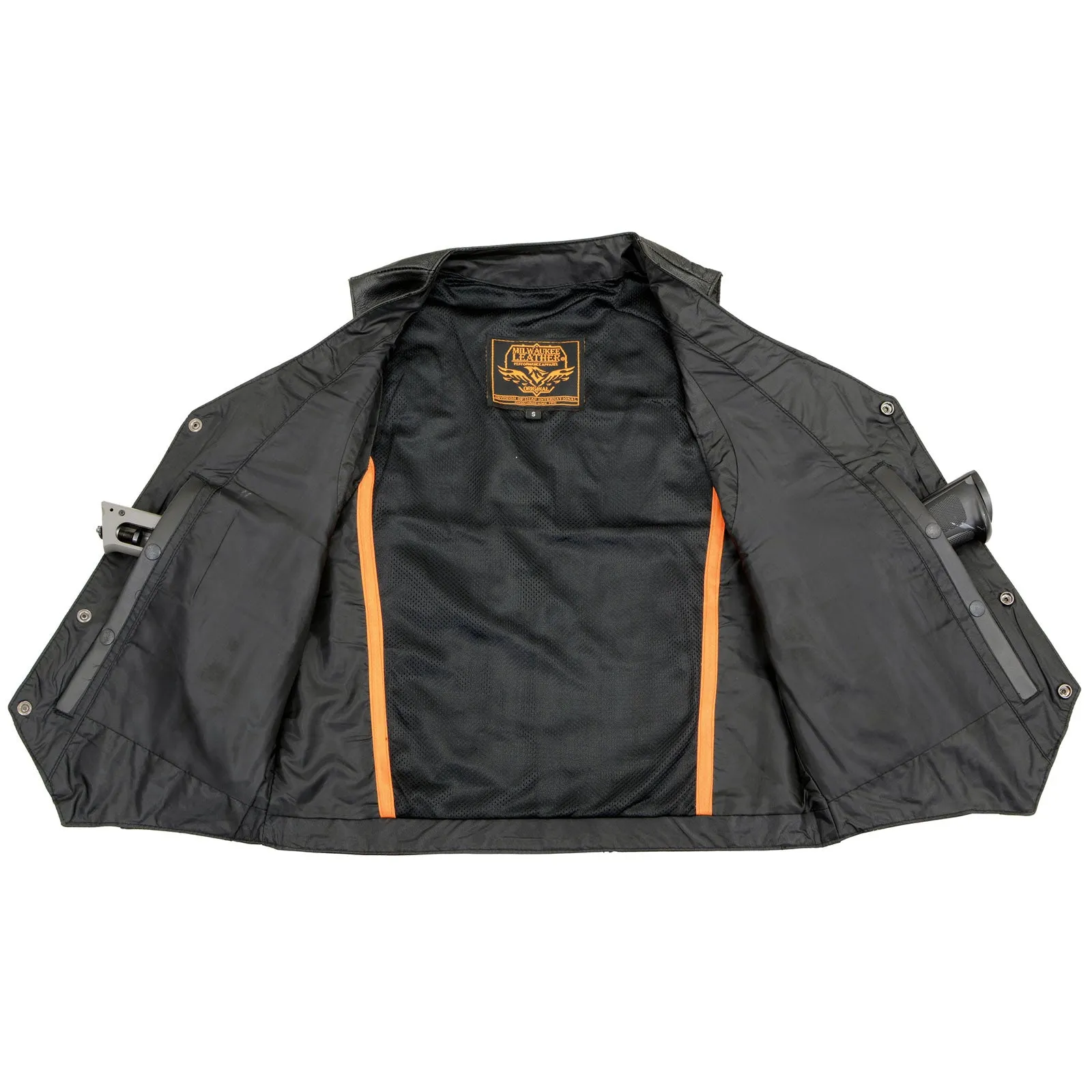 LKM3700 Men's Black Leather Classic V-Neck Motorcycle Rider Vest w/ Buffalo Nickel Snaps Closure