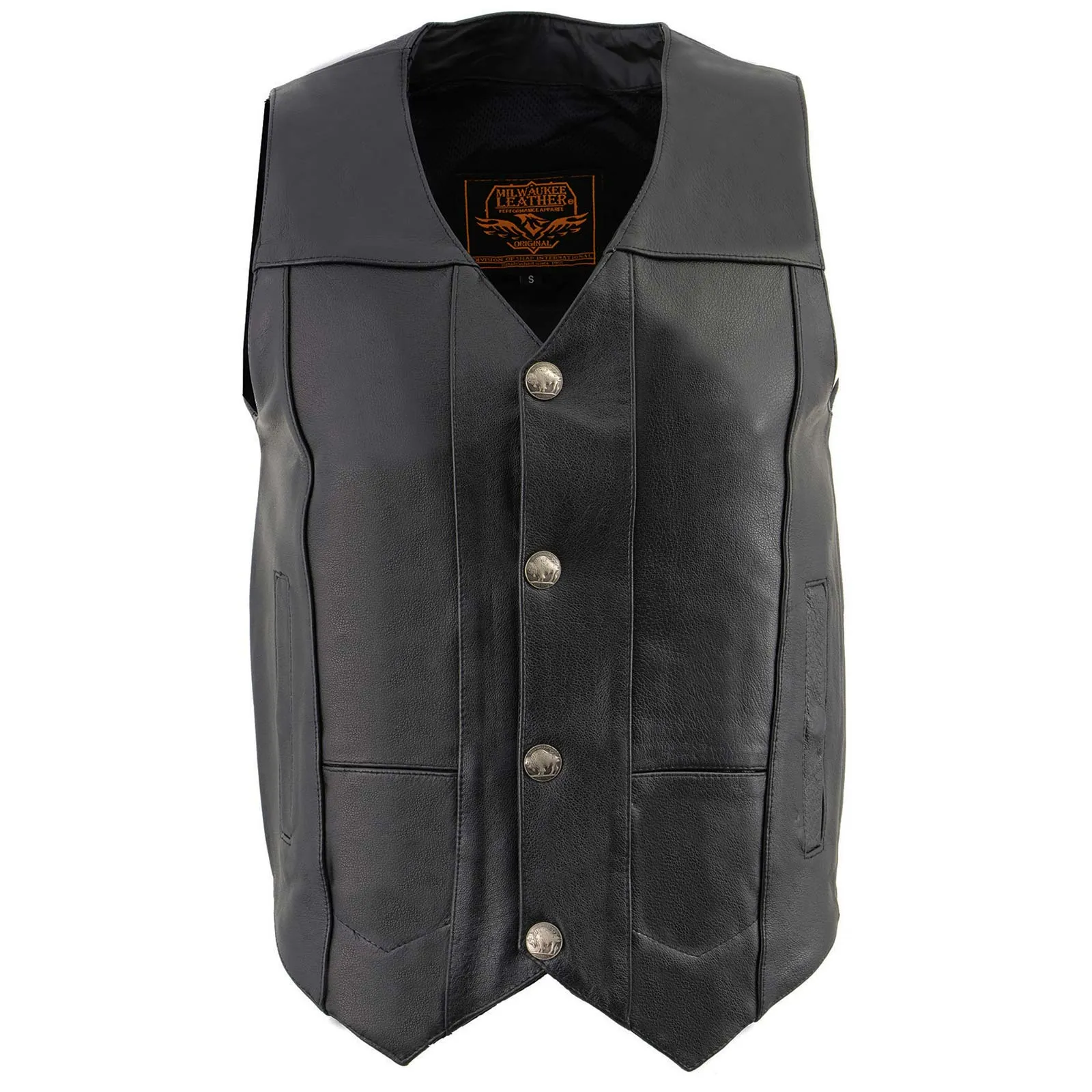 LKM3700 Men's Black Leather Classic V-Neck Motorcycle Rider Vest w/ Buffalo Nickel Snaps Closure