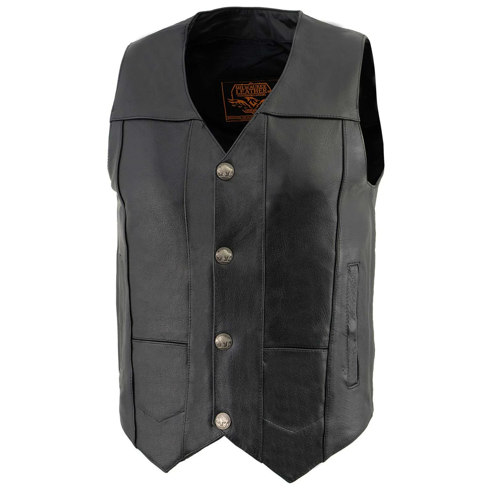 LKM3700 Men's Black Leather Classic V-Neck Motorcycle Rider Vest w/ Buffalo Nickel Snaps Closure