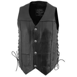 LKM3701 Side Lace Men's Black Leather Classic V-Neck Motorcycle Rider Vest w/ Buffalo Snaps and Side Laces