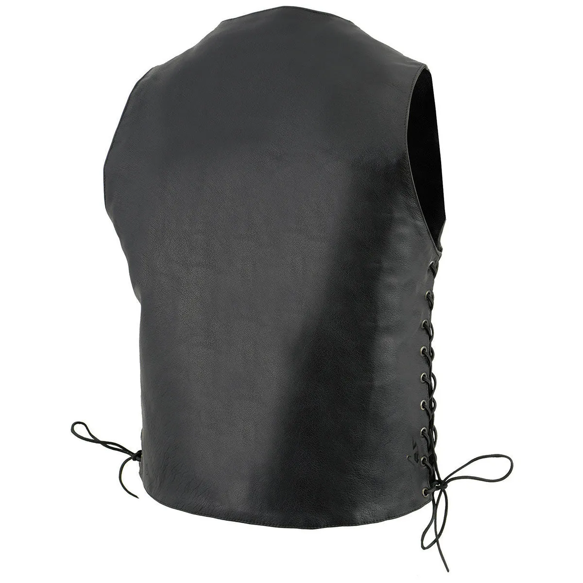 LKM3701 Side Lace Men's Black Leather Classic V-Neck Motorcycle Rider Vest w/ Buffalo Snaps and Side Laces