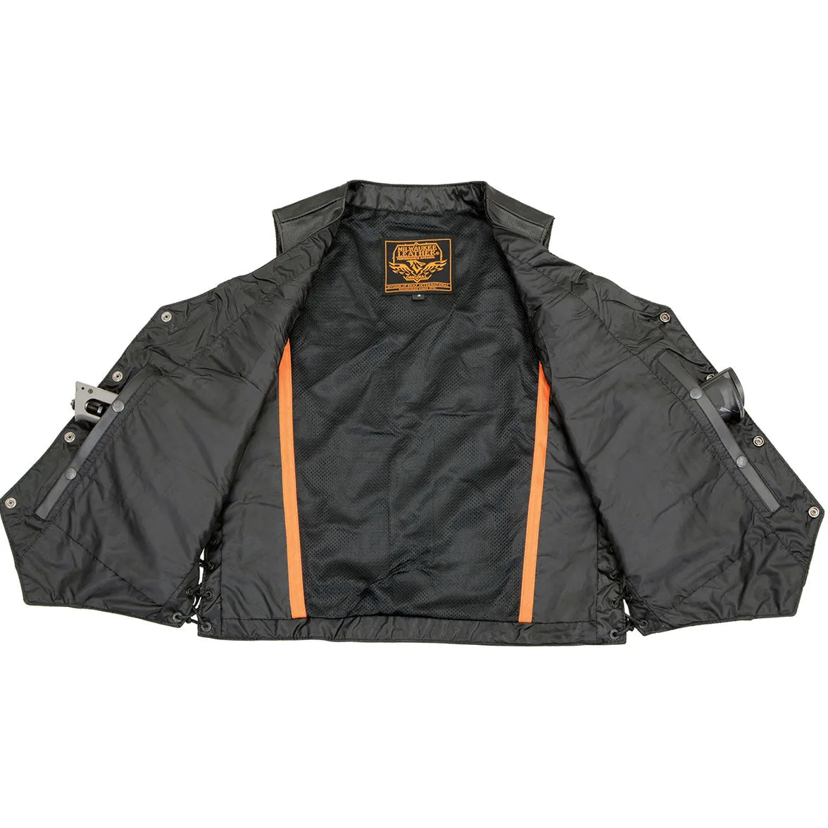 LKM3701 Side Lace Men's Black Leather Classic V-Neck Motorcycle Rider Vest w/ Buffalo Snaps and Side Laces