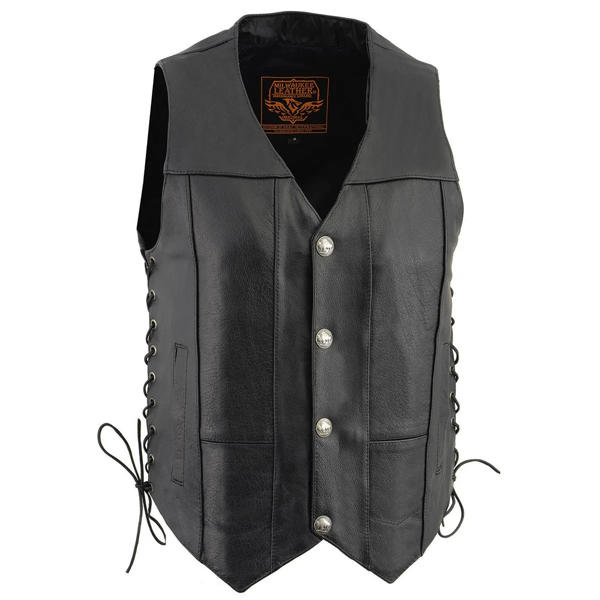 LKM3701 Side Lace Men's Black Leather Classic V-Neck Motorcycle Rider Vest w/ Buffalo Snaps and Side Laces