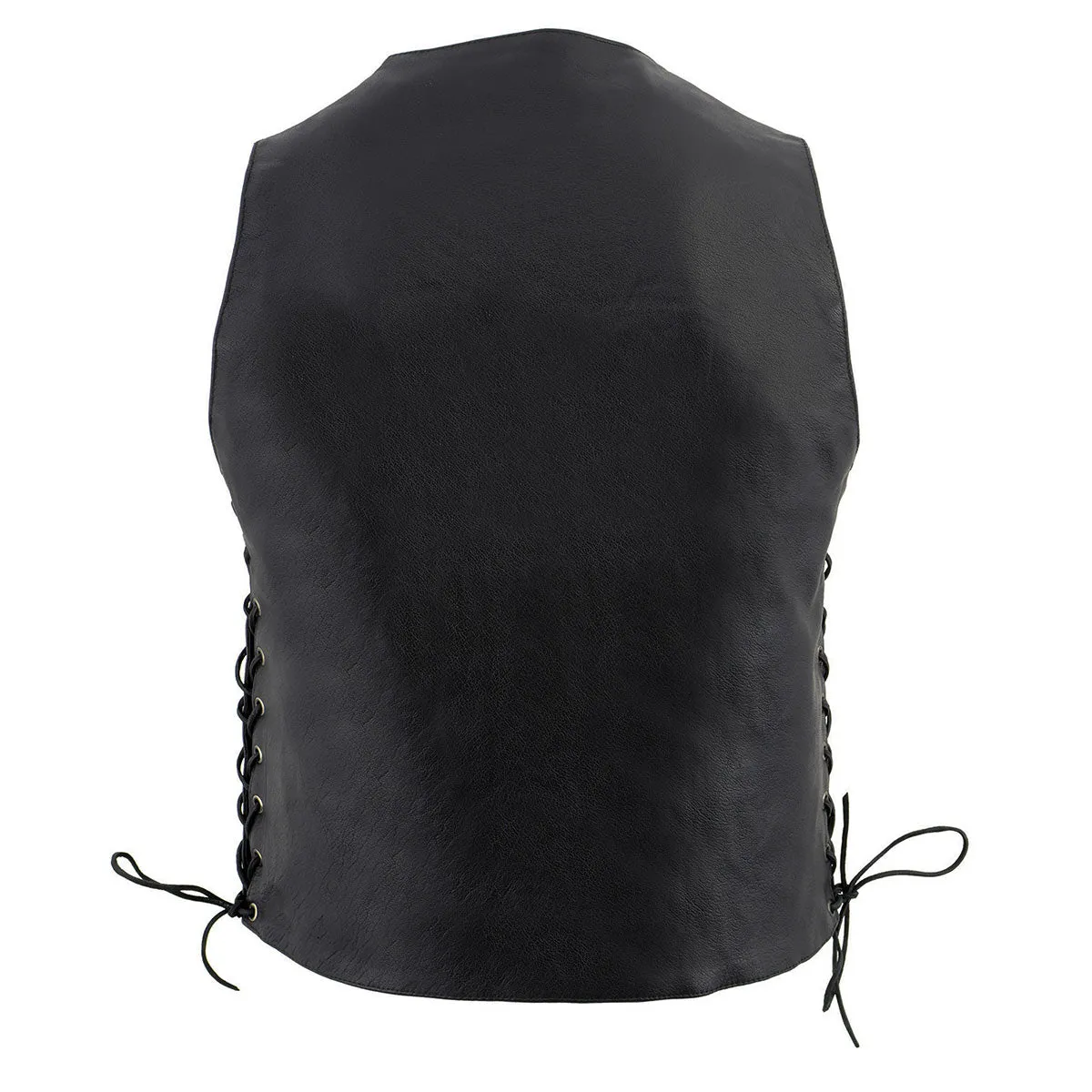 LKM3701 Side Lace Men's Black Leather Classic V-Neck Motorcycle Rider Vest w/ Buffalo Snaps and Side Laces