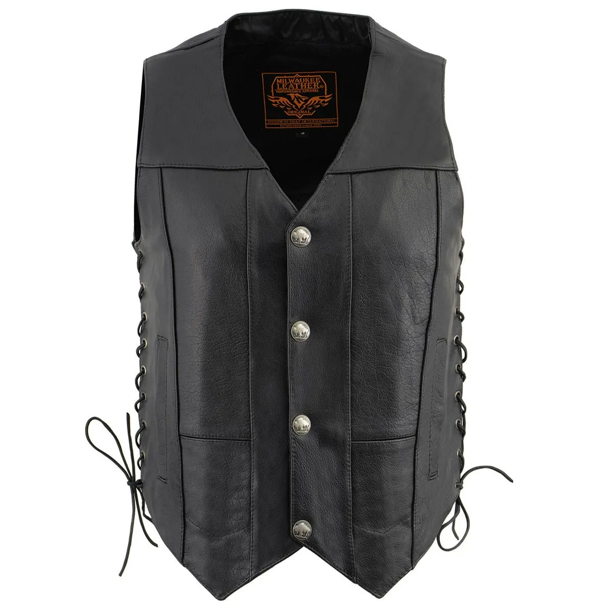 LKM3701 Side Lace Men's Black Leather Classic V-Neck Motorcycle Rider Vest w/ Buffalo Snaps and Side Laces