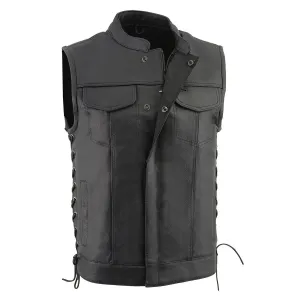 LKM3712 Side Lace Men's Black Leather Club Style Motorcycle Rider Vest w/ Front Snap/Zipper and Side Lace