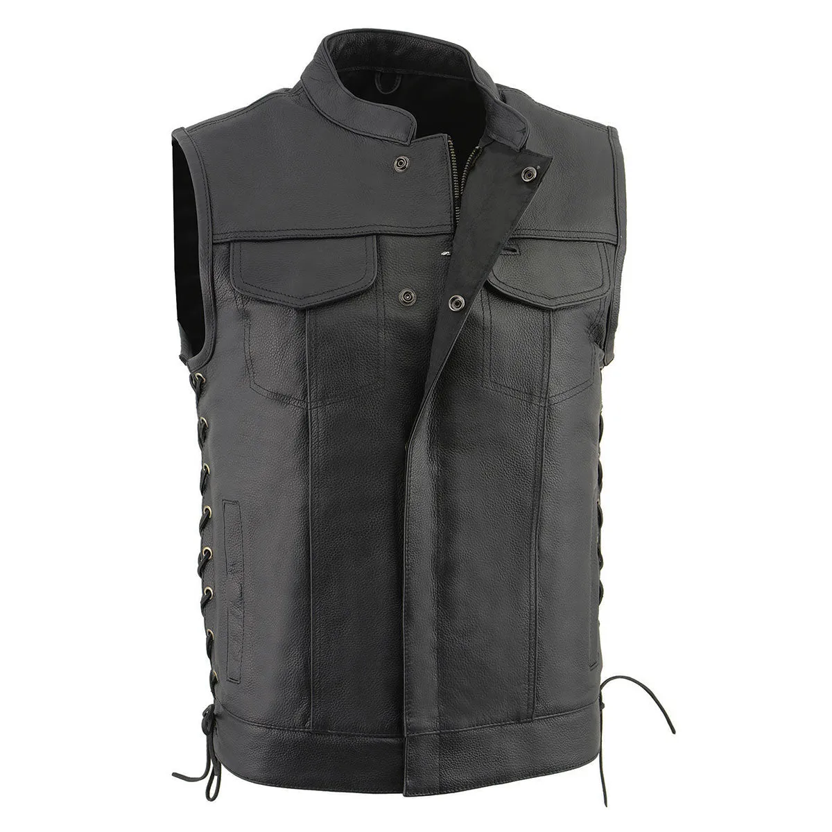LKM3712 Side Lace Men's Black Leather Club Style Motorcycle Rider Vest w/ Front Snap/Zipper and Side Lace