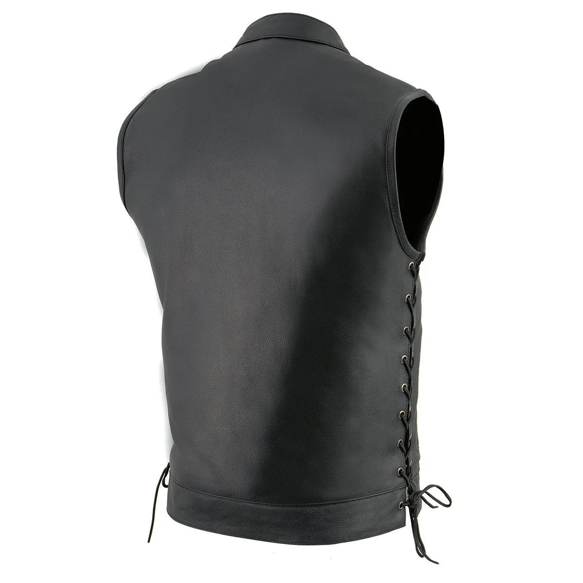 LKM3712 Side Lace Men's Black Leather Club Style Motorcycle Rider Vest w/ Front Snap/Zipper and Side Lace