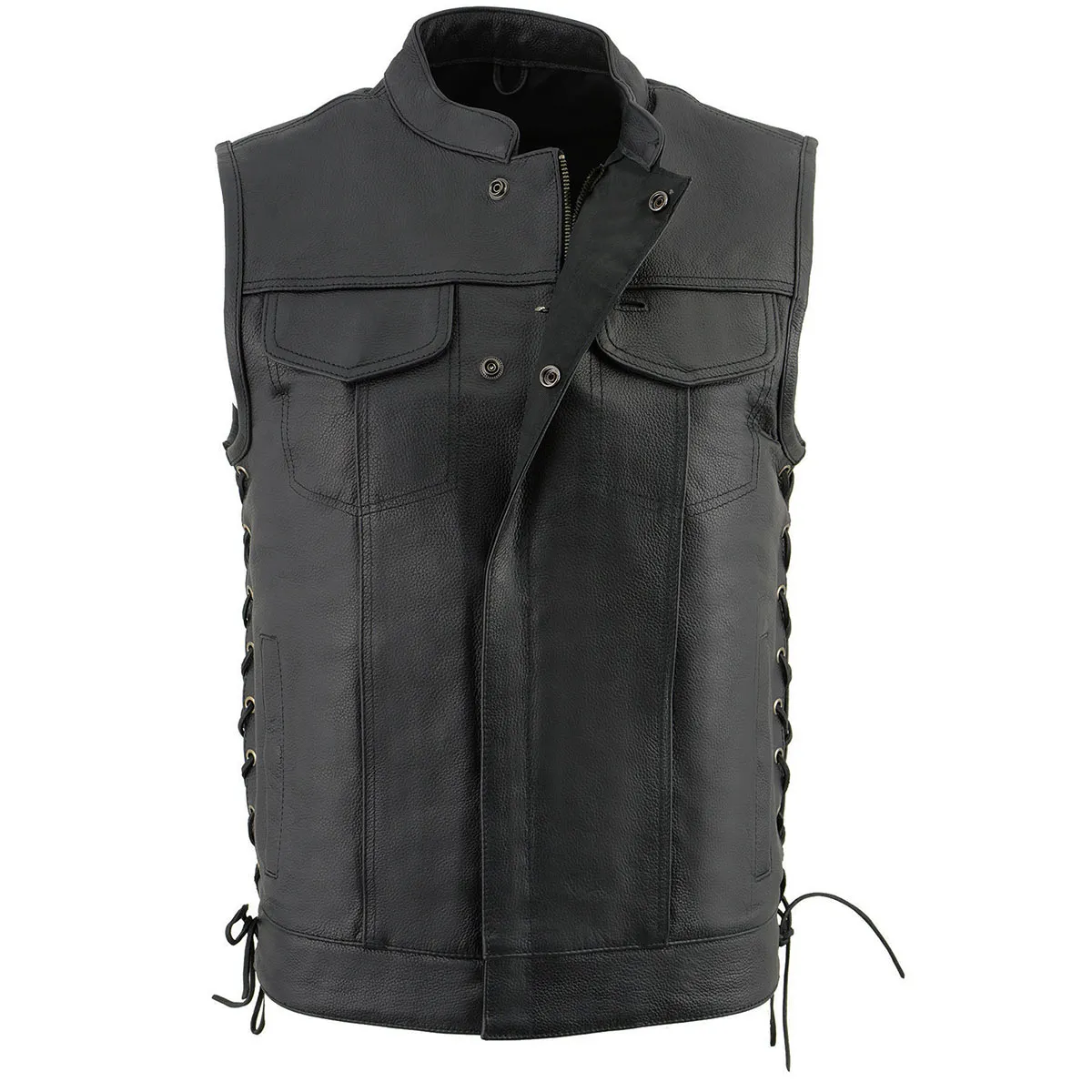 LKM3712 Side Lace Men's Black Leather Club Style Motorcycle Rider Vest w/ Front Snap/Zipper and Side Lace