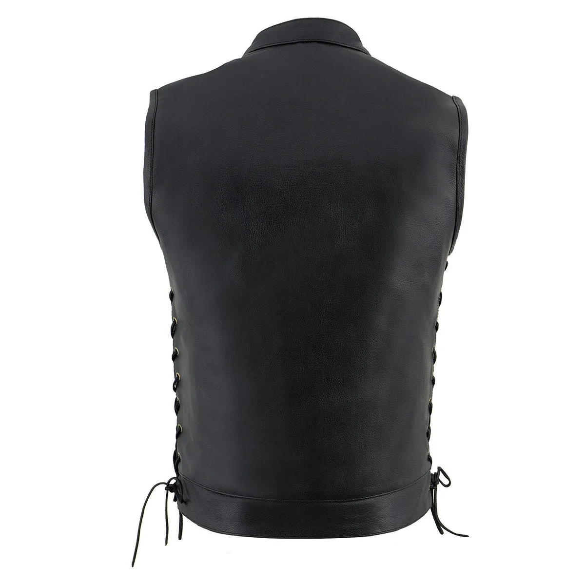 LKM3712 Side Lace Men's Black Leather Club Style Motorcycle Rider Vest w/ Front Snap/Zipper and Side Lace