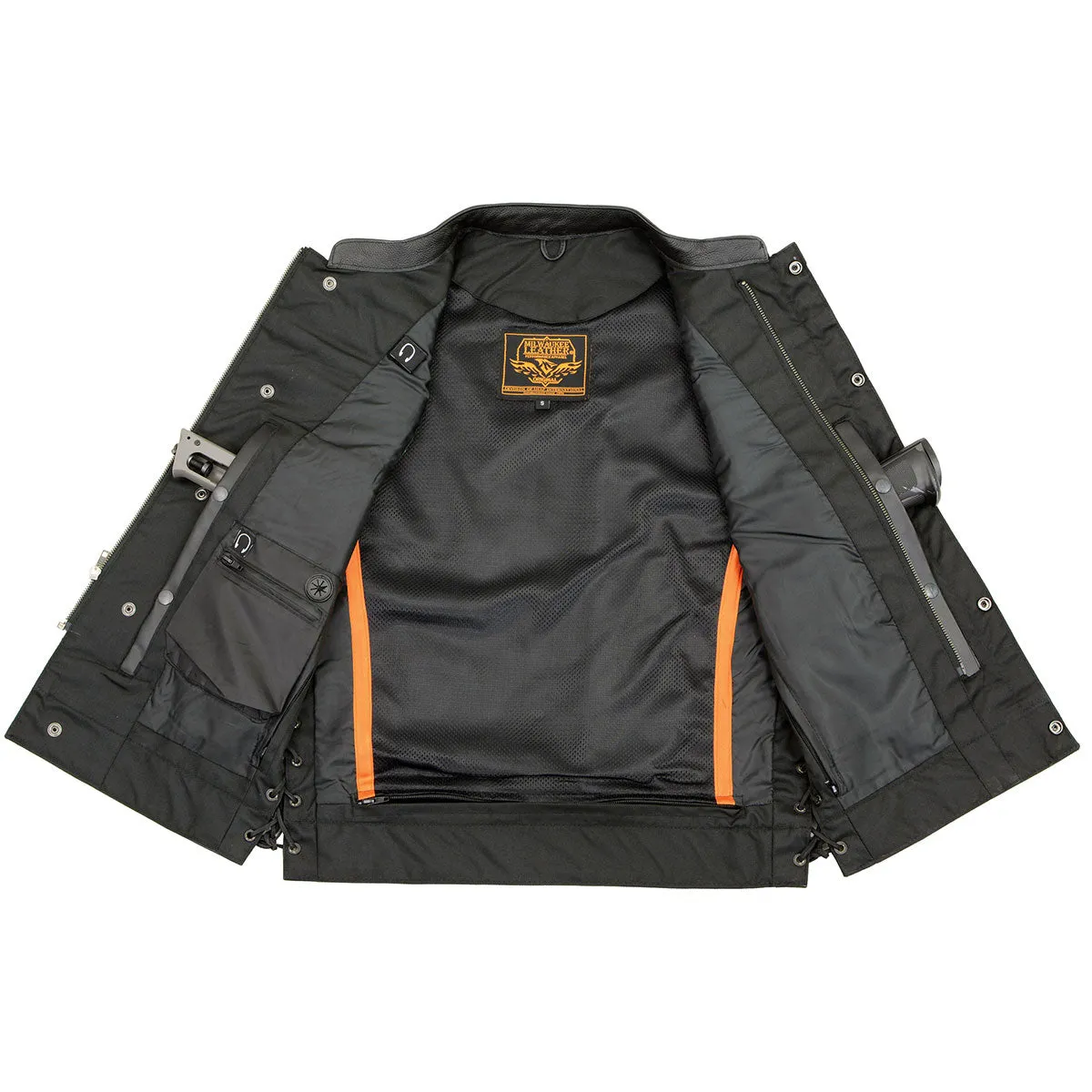 LKM3712 Side Lace Men's Black Leather Club Style Motorcycle Rider Vest w/ Front Snap/Zipper and Side Lace