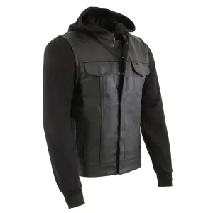 LKM3714 Men's Black Club Style '2 in 1' Zipper Vest with Full Sleeve Hoodie and Quick Draw Pocket