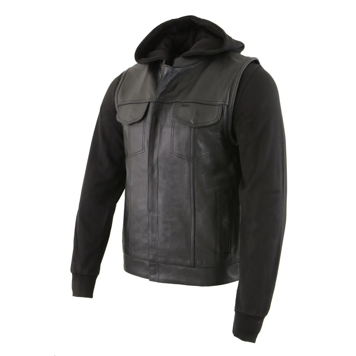 LKM3714 Men's Black Club Style '2 in 1' Zipper Vest with Full Sleeve Hoodie and Quick Draw Pocket