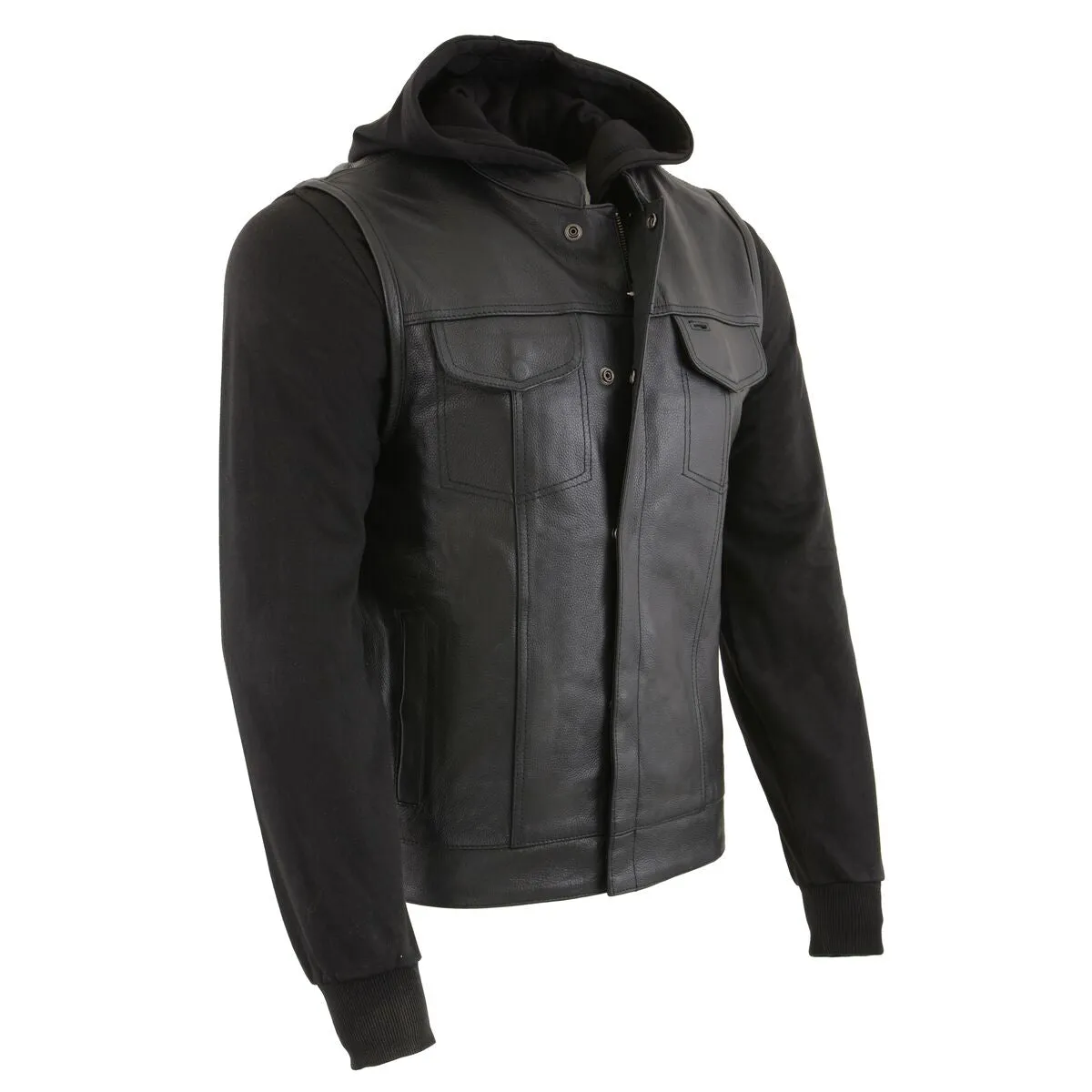 LKM3714 Men's Black Club Style '2 in 1' Zipper Vest with Full Sleeve Hoodie and Quick Draw Pocket