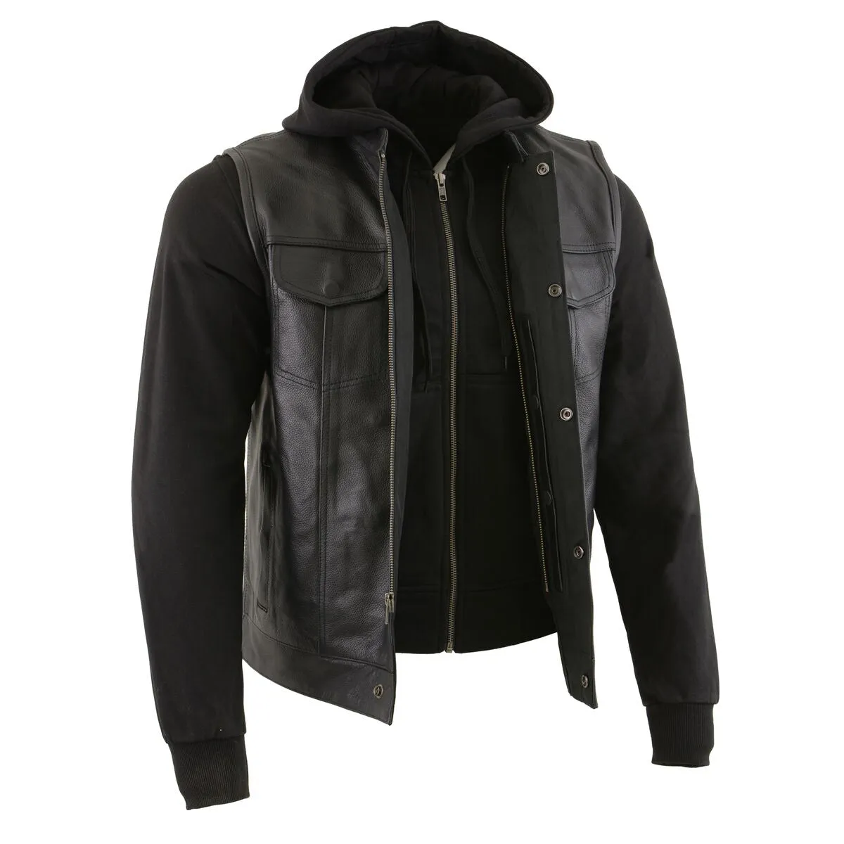 LKM3714 Men's Black Club Style '2 in 1' Zipper Vest with Full Sleeve Hoodie and Quick Draw Pocket