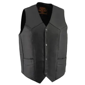 LKM3730 Men's Black Leather Western Style V-Neck Motorcycle Rider Vest with Front Snap Closure