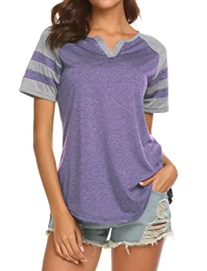 Locryz Women's Summer V Neck Raglan Short Sleeve Shirts Casual Blouses Baseball Tshirts Top (XL, Purple)