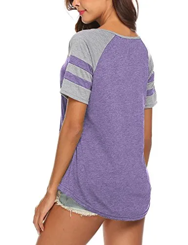 Locryz Women's Summer V Neck Raglan Short Sleeve Shirts Casual Blouses Baseball Tshirts Top (XL, Purple)
