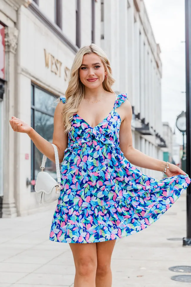 Looking My Way Navy Ruffle Detail Printed Mini Dress