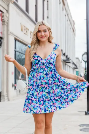 Looking My Way Navy Ruffle Detail Printed Mini Dress