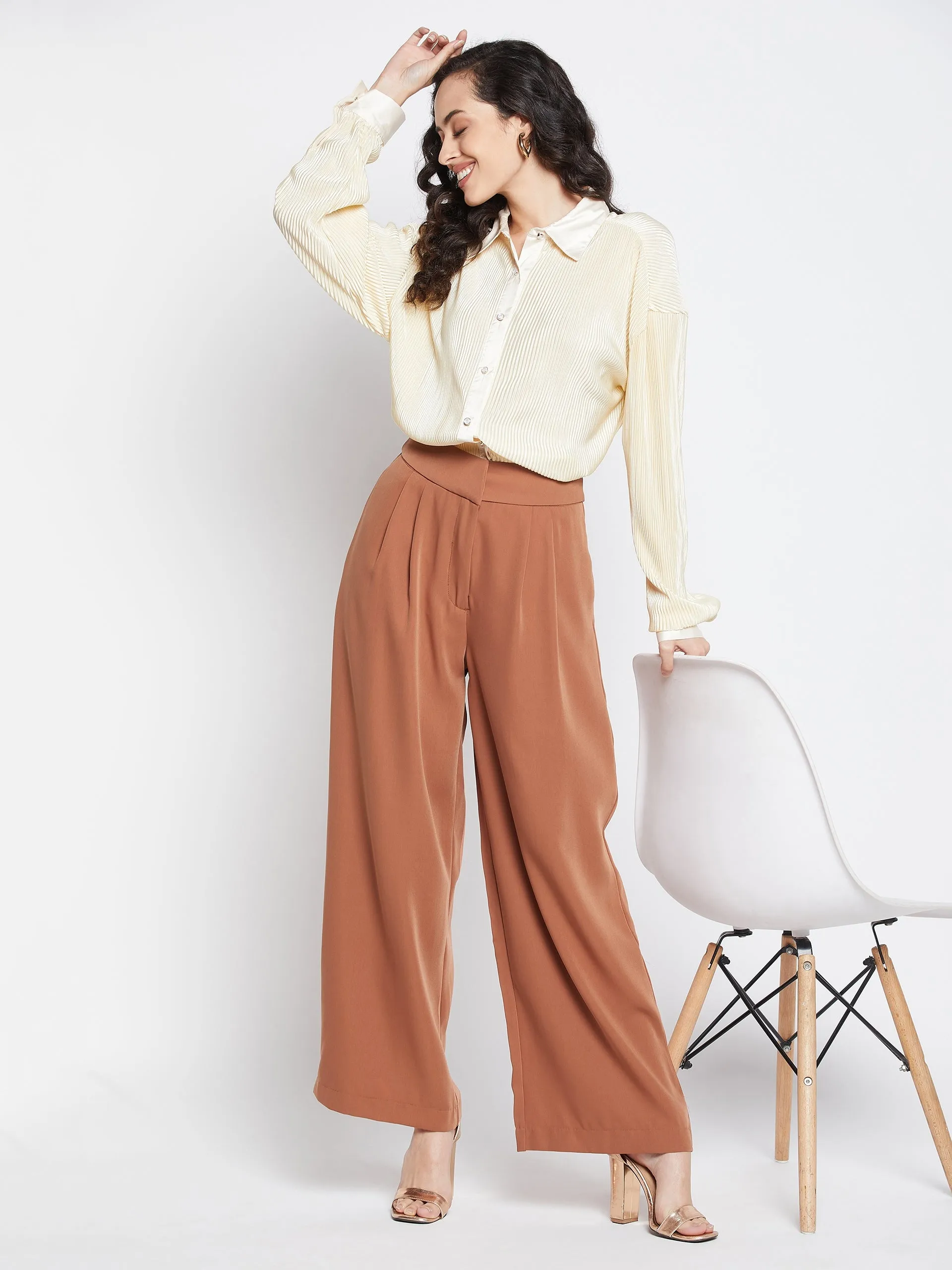 Madame Pleat Detailed Wide Leg Rust Palazzo