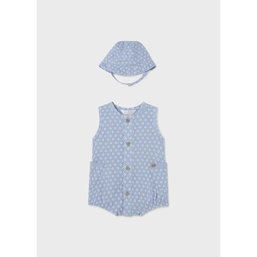 Mayoral Blue Printed Romper & Hat Set