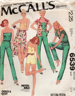McCall's 6539 Womens Casual Jumpsuit Rompers Top & Skirt 1970s Vintage Sewing Pattern Size 10 Bust 32.5 Inches UNCUT Factory Folded