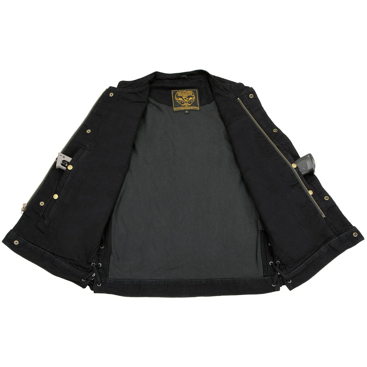 Milwaukee Leather MDM3002 Men's Black ‘Covert’ Side Lace Denim Club Style Vest with Dual Closure