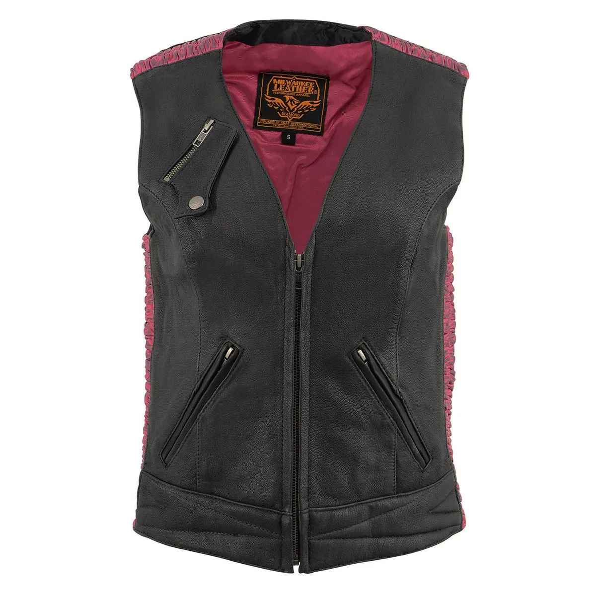 Milwaukee Leather MLL4571 Ladies 'Crinkled' Black and Pink Lightweight Leather Vest