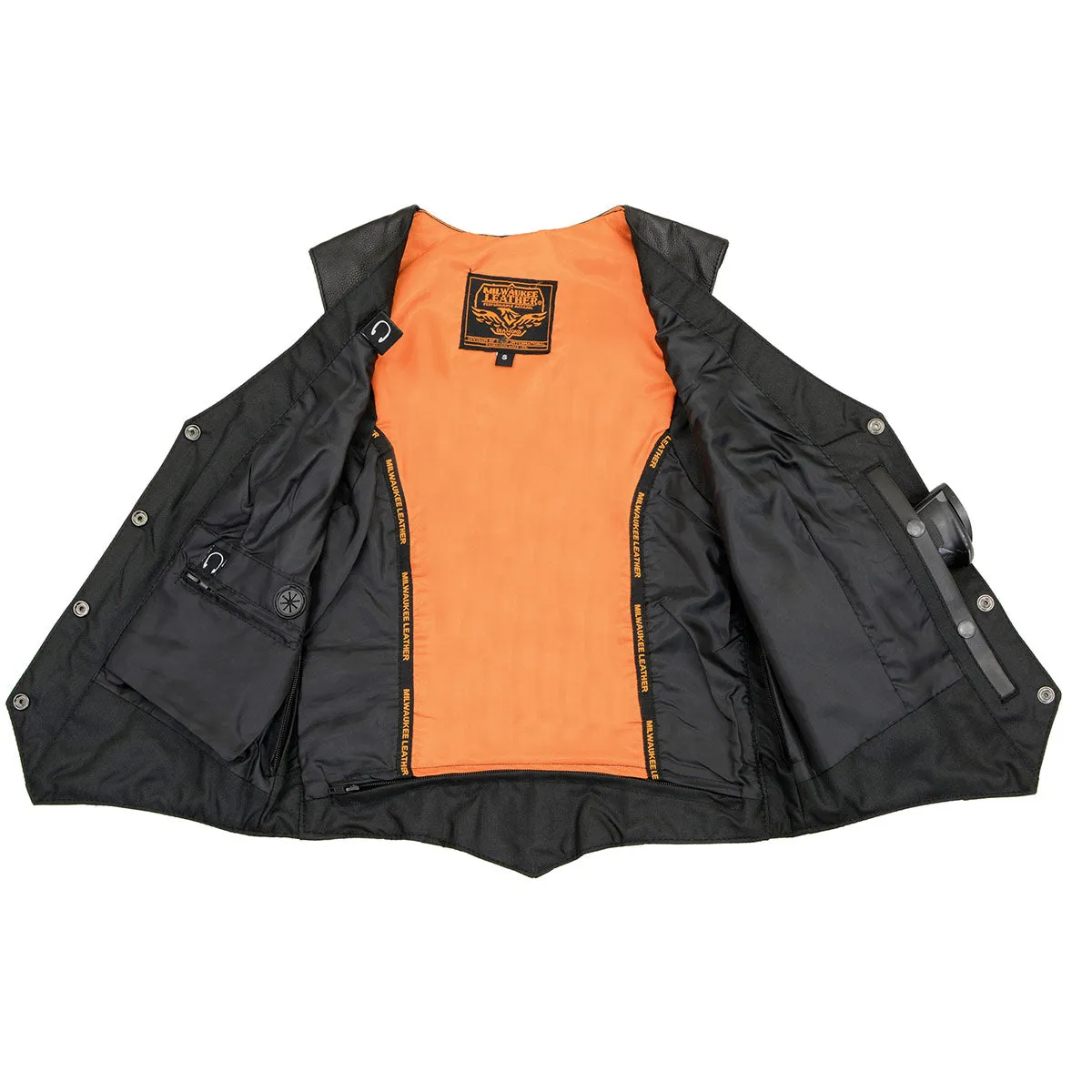 ML1253 Women's Black Naked Leather V-Neck Motorcycle Rider Vest W/ Milwaukee Logo Snaps Closure