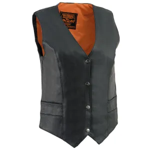 ML1253 Women's Black Naked Leather V-Neck Motorcycle Rider Vest W/ Milwaukee Logo Snaps Closure