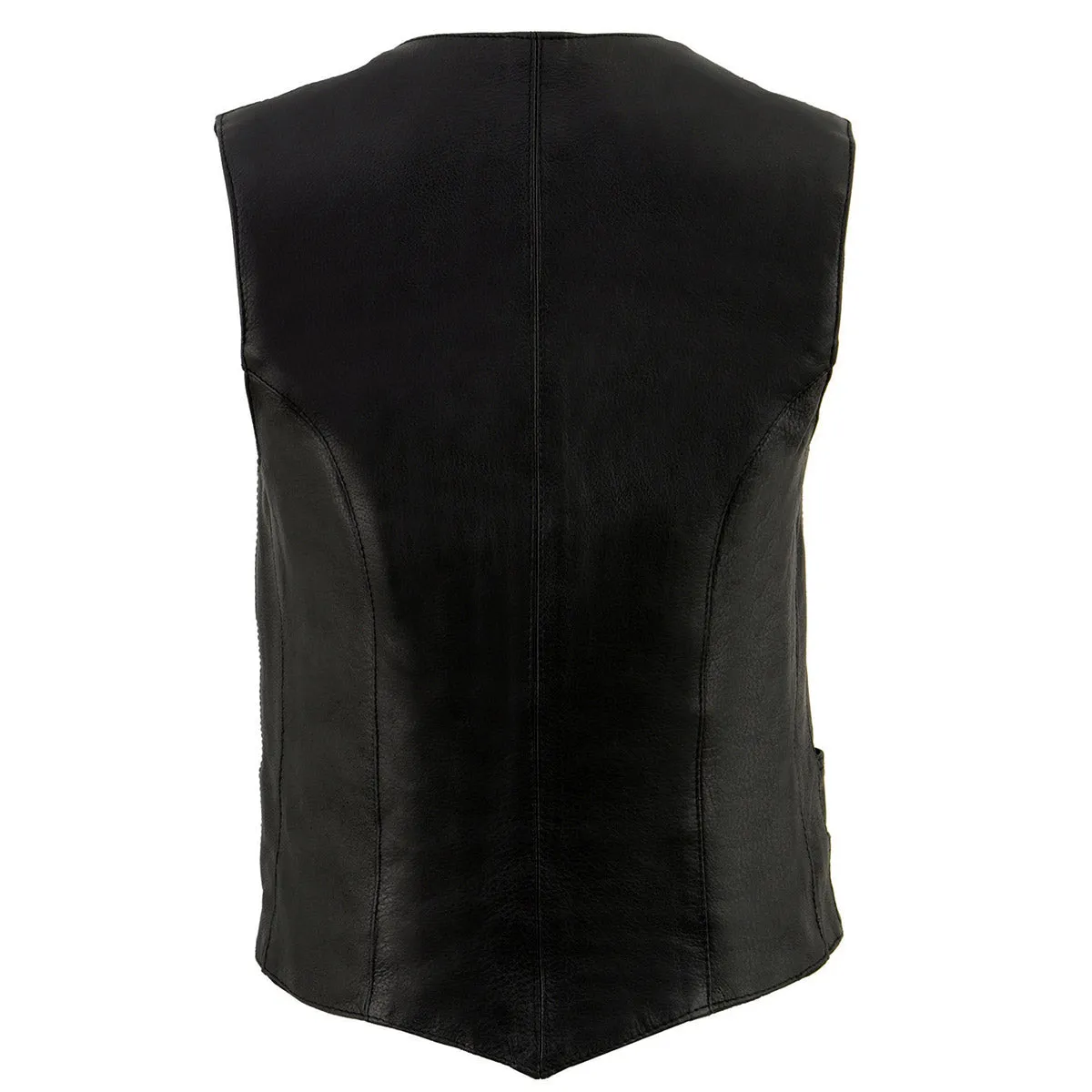 ML1253 Women's Black Naked Leather V-Neck Motorcycle Rider Vest W/ Milwaukee Logo Snaps Closure