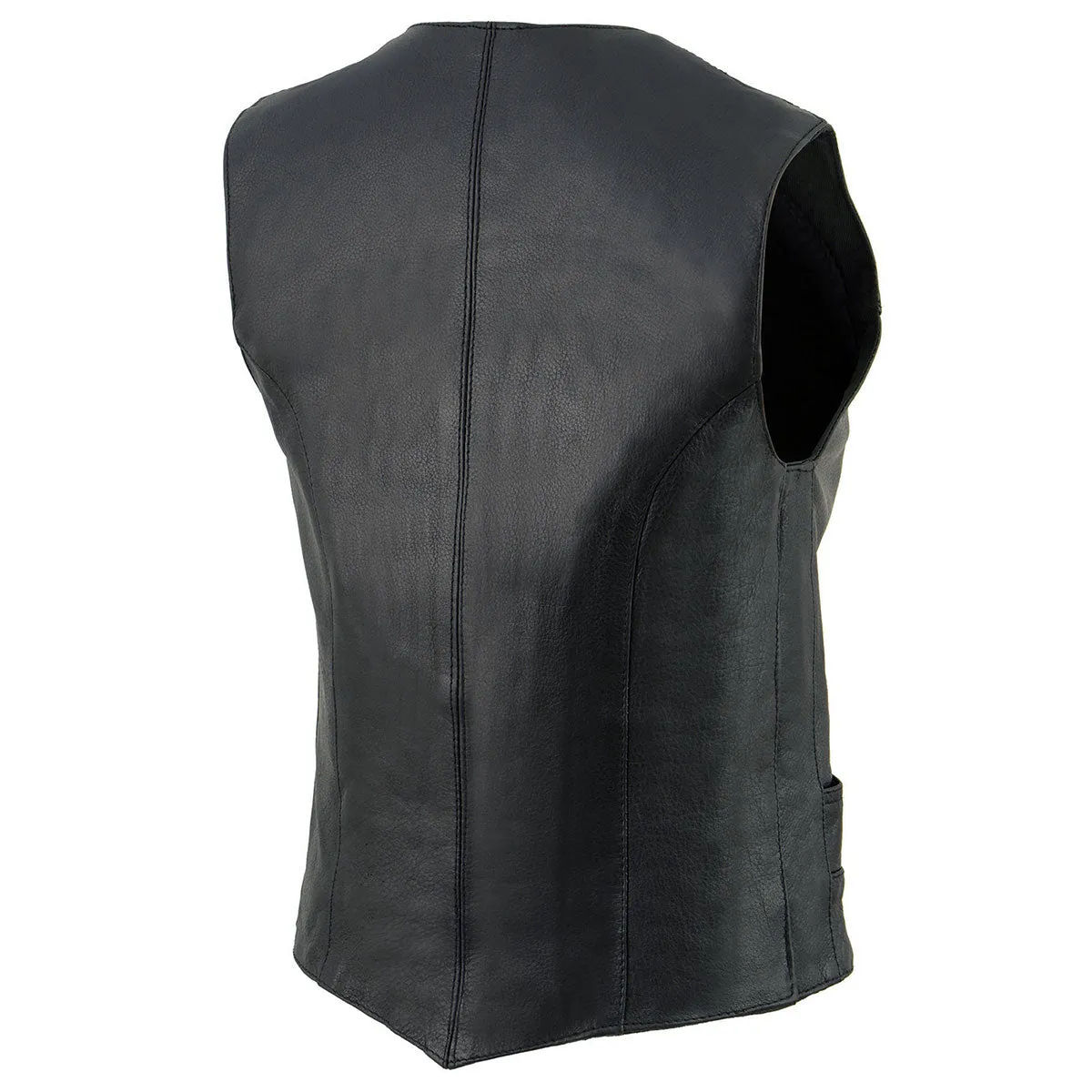 ML1253 Women's Black Naked Leather V-Neck Motorcycle Rider Vest W/ Milwaukee Logo Snaps Closure