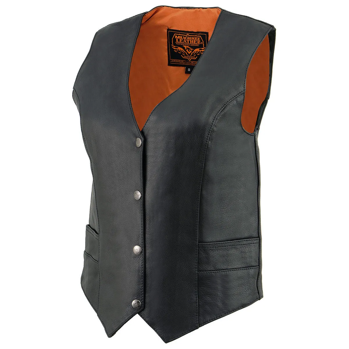 ML1253 Women's Black Naked Leather V-Neck Motorcycle Rider Vest W/ Milwaukee Logo Snaps Closure