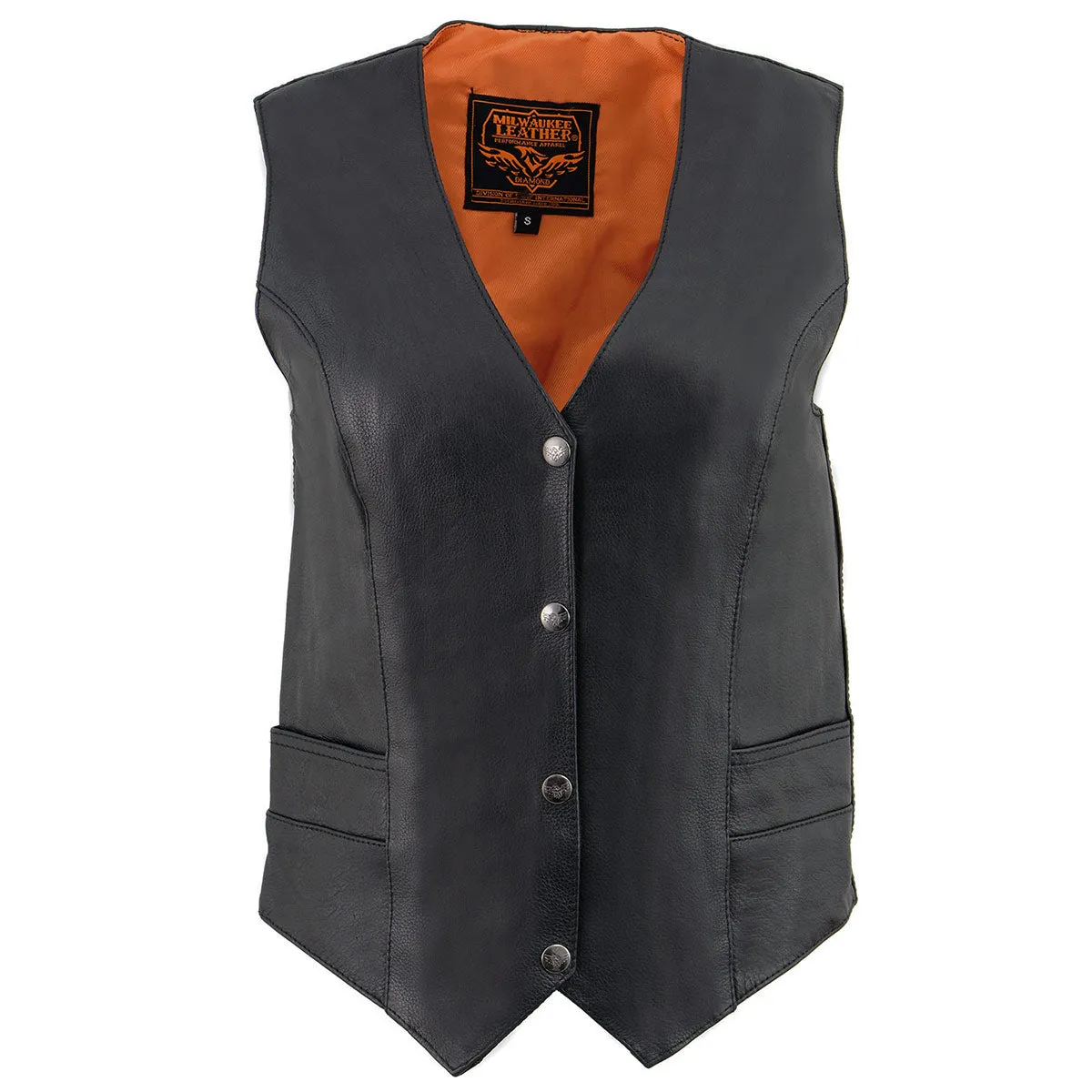 ML1253 Women's Black Naked Leather V-Neck Motorcycle Rider Vest W/ Milwaukee Logo Snaps Closure