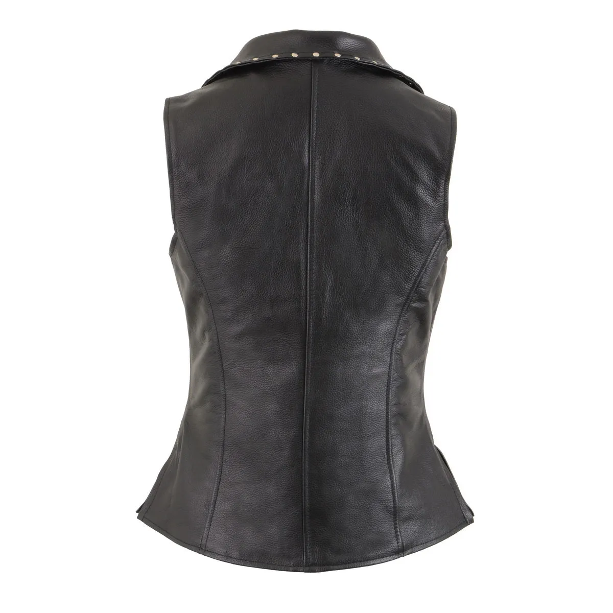 MLL4503 Women's Black Leather Classic V-Neck Motorcycle Rider Vest W/Riveted Lapel Collar Detail