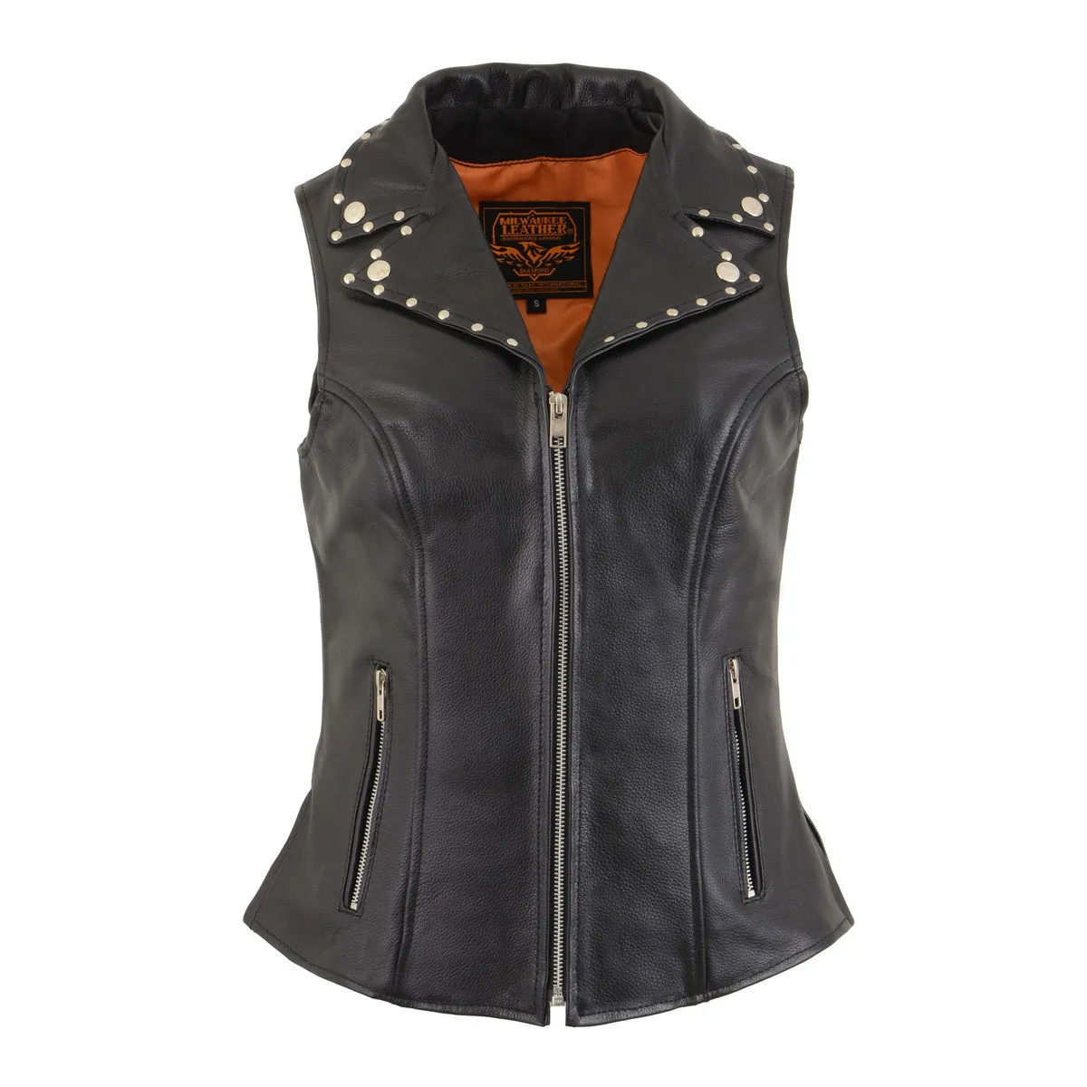 MLL4503 Women's Black Leather Classic V-Neck Motorcycle Rider Vest W/Riveted Lapel Collar Detail