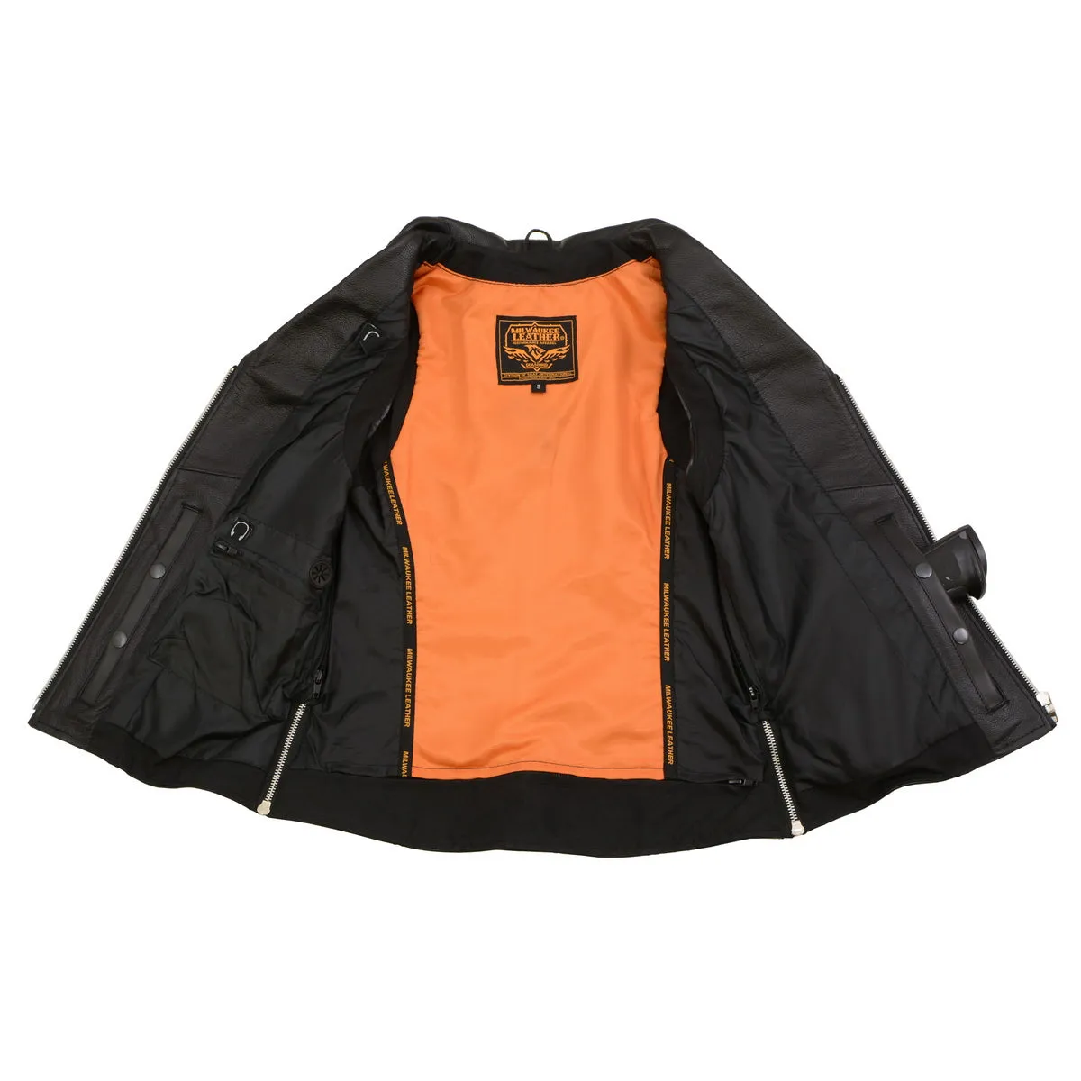 MLL4503 Women's Black Leather Classic V-Neck Motorcycle Rider Vest W/Riveted Lapel Collar Detail