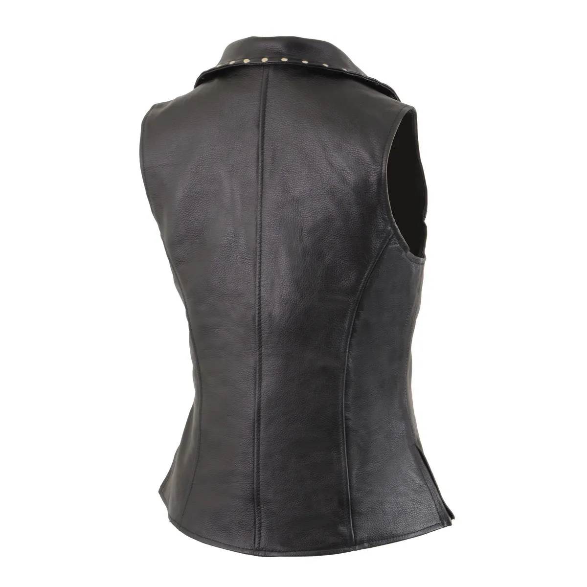 MLL4503 Women's Black Leather Classic V-Neck Motorcycle Rider Vest W/Riveted Lapel Collar Detail
