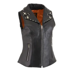 MLL4503 Women's Black Leather Classic V-Neck Motorcycle Rider Vest W/Riveted Lapel Collar Detail
