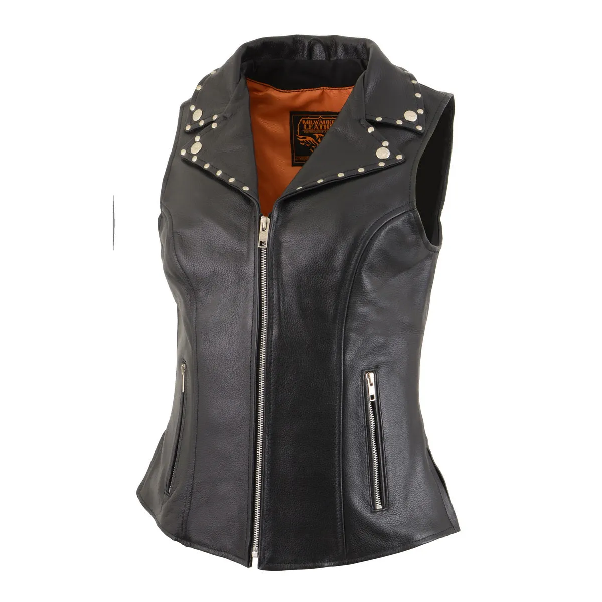 MLL4503 Women's Black Leather Classic V-Neck Motorcycle Rider Vest W/Riveted Lapel Collar Detail